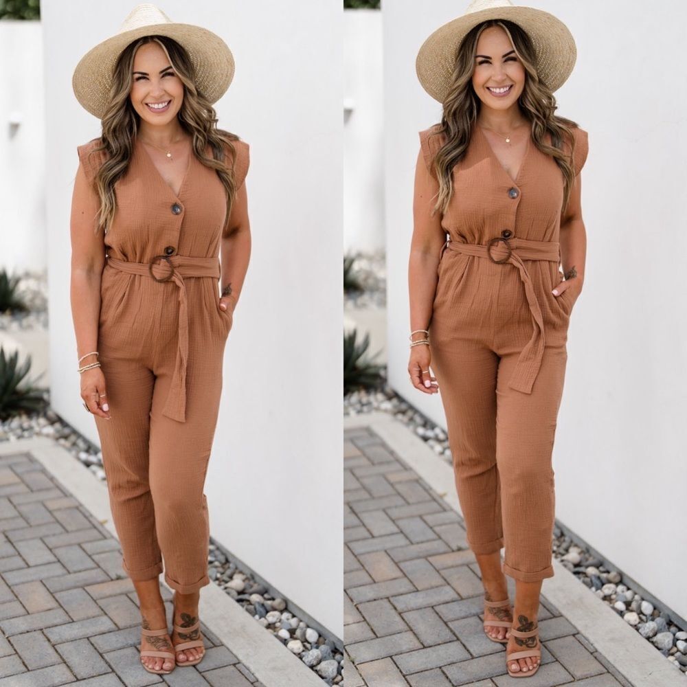 Rust lightweight jumpsuit button front petite